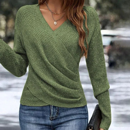 Women's knit wrap-front sweater with V-neck long-sleeve – Green