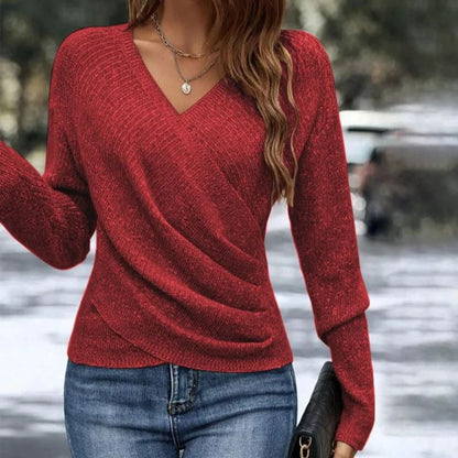 Women's knit wrap-front sweater with V-neck long-sleeve – Red