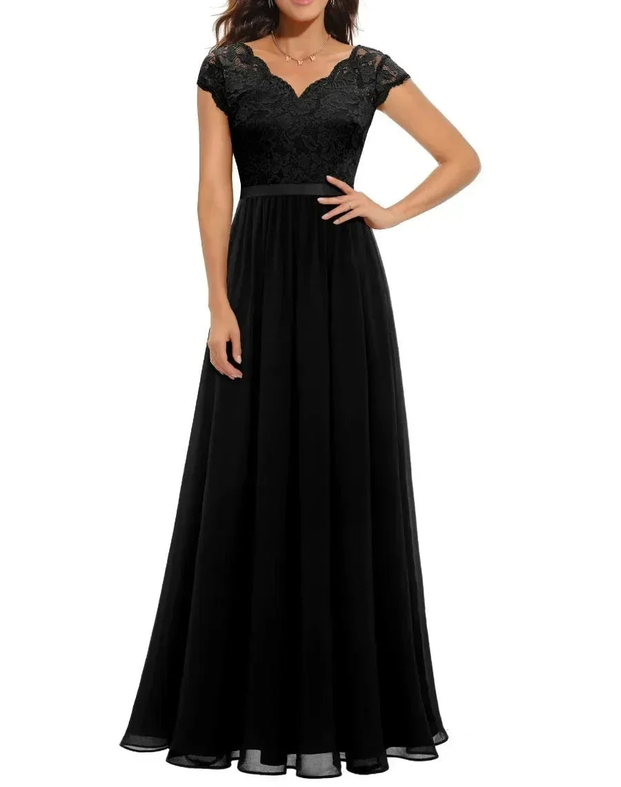 Women's lace chiffon maxi dress with V-neck and 3/4 sleeve – Black Short Sleeve