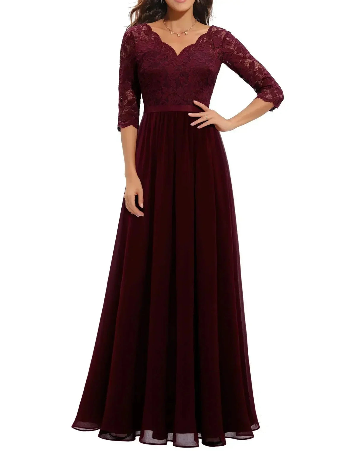 Women's lace chiffon maxi dress with V-neck and 3/4 sleeve – Burgundy Quarter Sleeve