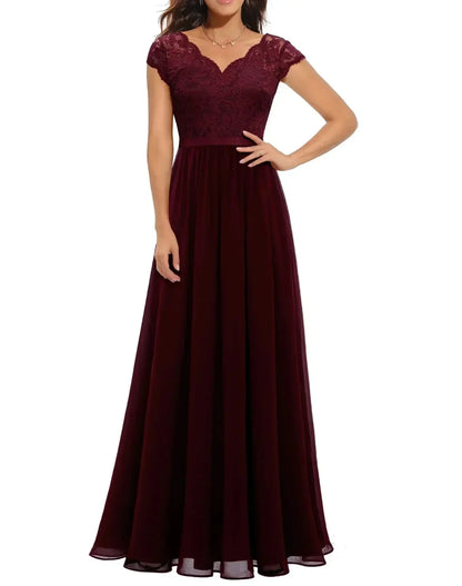 Women's lace chiffon maxi dress with V-neck and 3/4 sleeve – Burgundy Short Sleeve