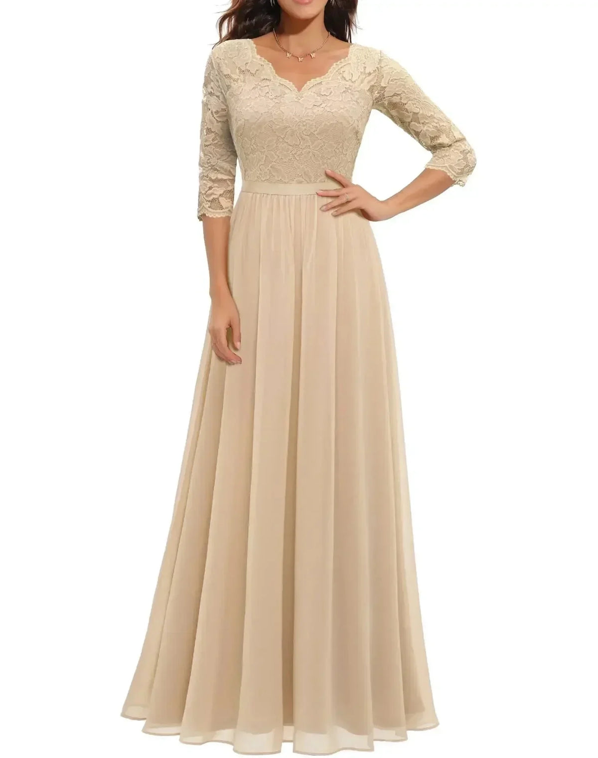 Women's lace chiffon maxi dress with V-neck and 3/4 sleeve – Champagne Quarter Sleeve