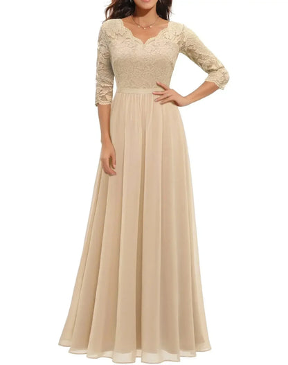 Women's lace chiffon maxi dress with V-neck and 3/4 sleeve – Champagne Quarter Sleeve