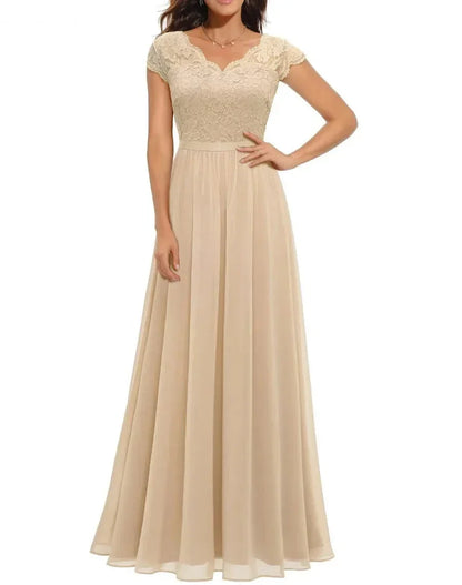 Women's lace chiffon maxi dress with V-neck and 3/4 sleeve – Champagne Short Sleeve