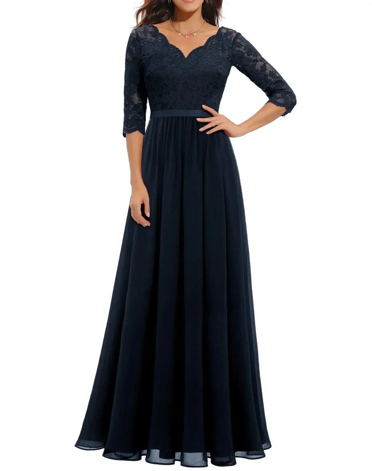 Women's lace chiffon maxi dress with V-neck and 3/4 sleeve – Navy Blue Quarter Sleeve