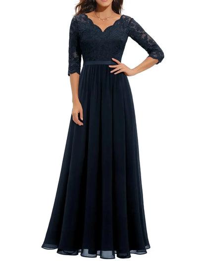 Women's lace chiffon maxi dress with V-neck and 3/4 sleeve – Navy Blue Quarter Sleeve