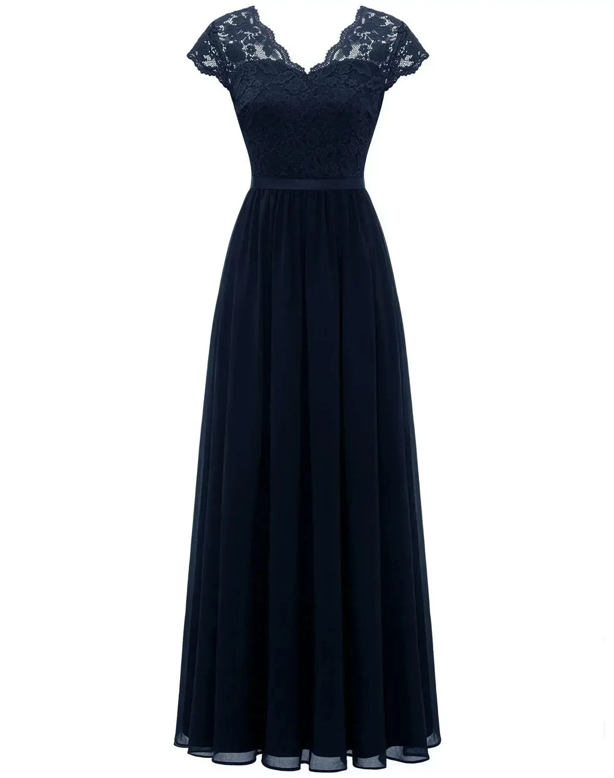 Women's lace chiffon maxi dress with V-neck and 3/4 sleeve – Navy Blue Short Sleeve