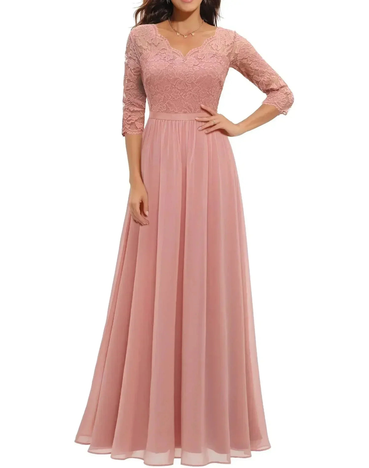 Women's lace chiffon maxi dress with V-neck and 3/4 sleeve – Pink Quarter Sleeve