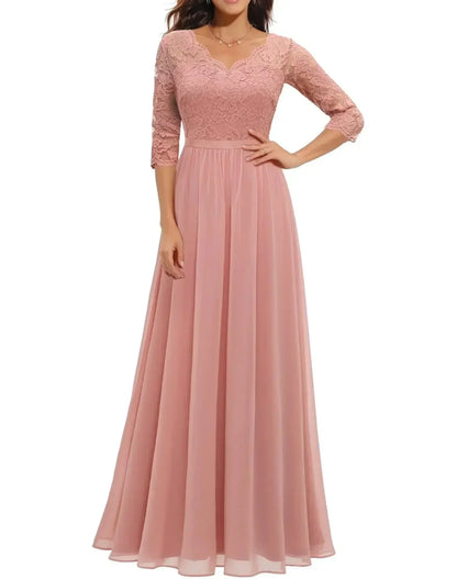 Women's lace chiffon maxi dress with V-neck and 3/4 sleeve – Pink Quarter Sleeve