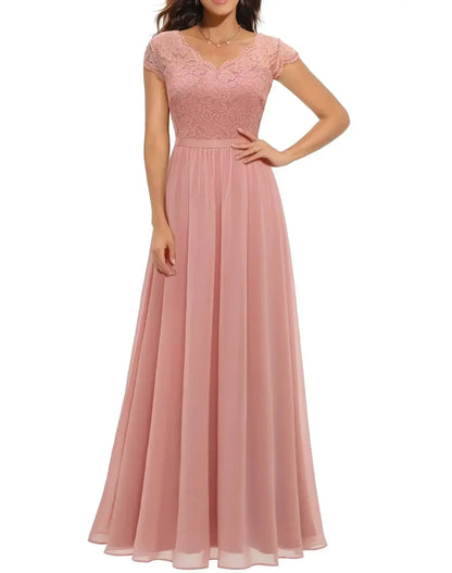 Women's lace chiffon maxi dress with V-neck and 3/4 sleeve – Pink Short Sleeve