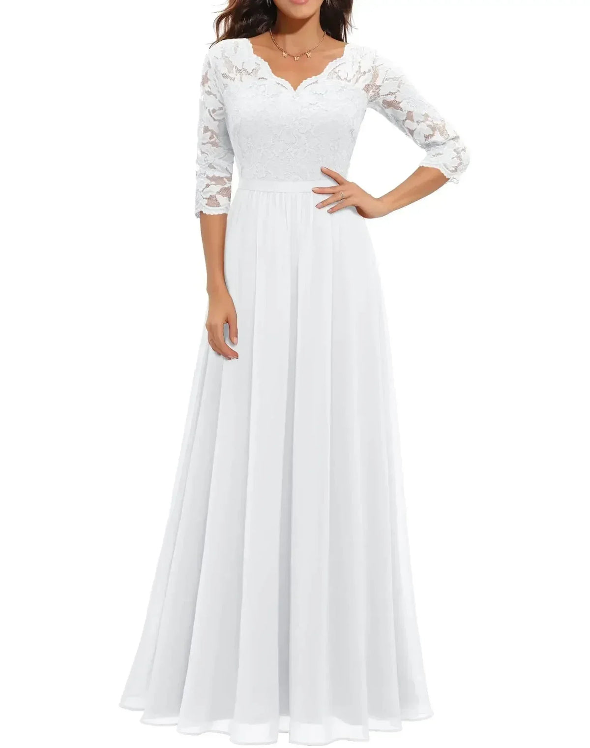 Women's lace chiffon maxi dress with V-neck and 3/4 sleeve – White Quarter Sleeve
