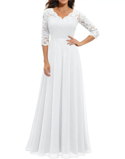 Women's lace chiffon maxi dress with V-neck and 3/4 sleeve – White Quarter Sleeve
