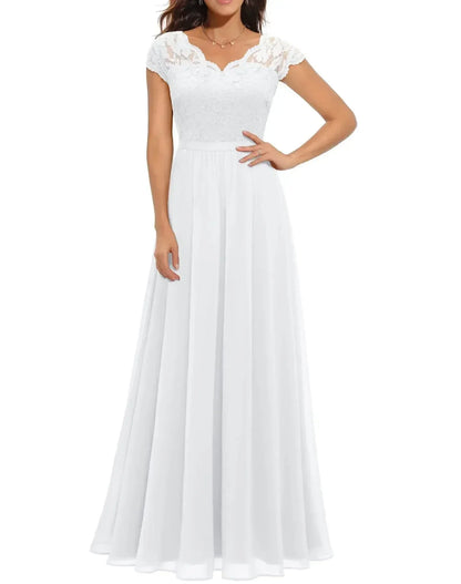 Women's lace chiffon maxi dress with V-neck and 3/4 sleeve – White Short Sleeve