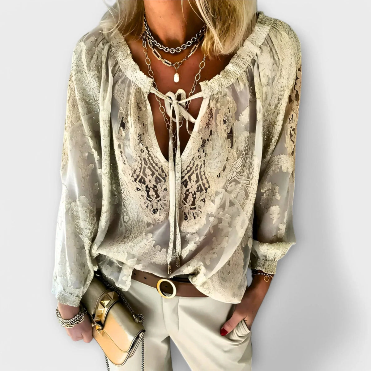 Women's lace long-sleeve blouse with V-neck tie-front and elasticated cuffs