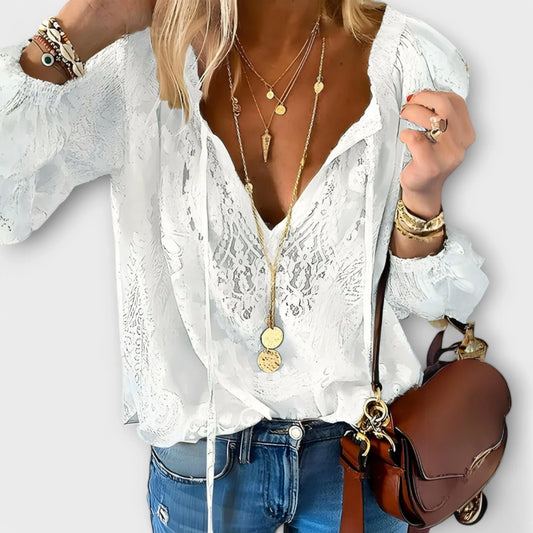 Women's lace long-sleeve blouse with V-neck tie-front and elasticated cuffs – White