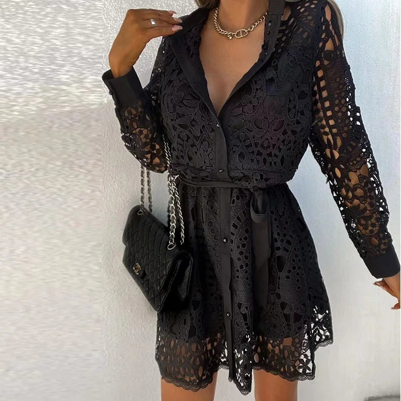 Women's lace mini dress with collared V-neck long-sleeve belted style – Black