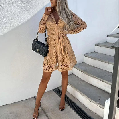 Women's lace mini dress with collared V-neck long-sleeve belted style – Gold