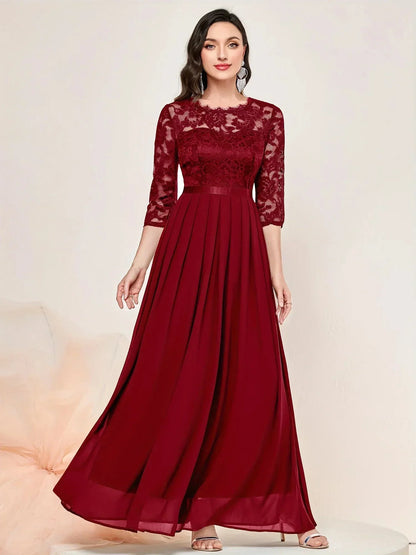 Women's lace pleated 3/4 sleeve formal maxi dresses with round neck
