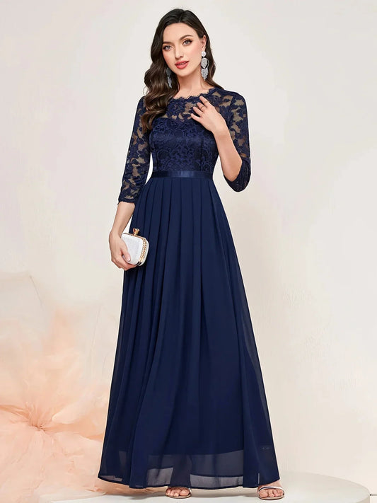 Women's lace pleated 3/4 sleeve formal maxi dresses with round neck