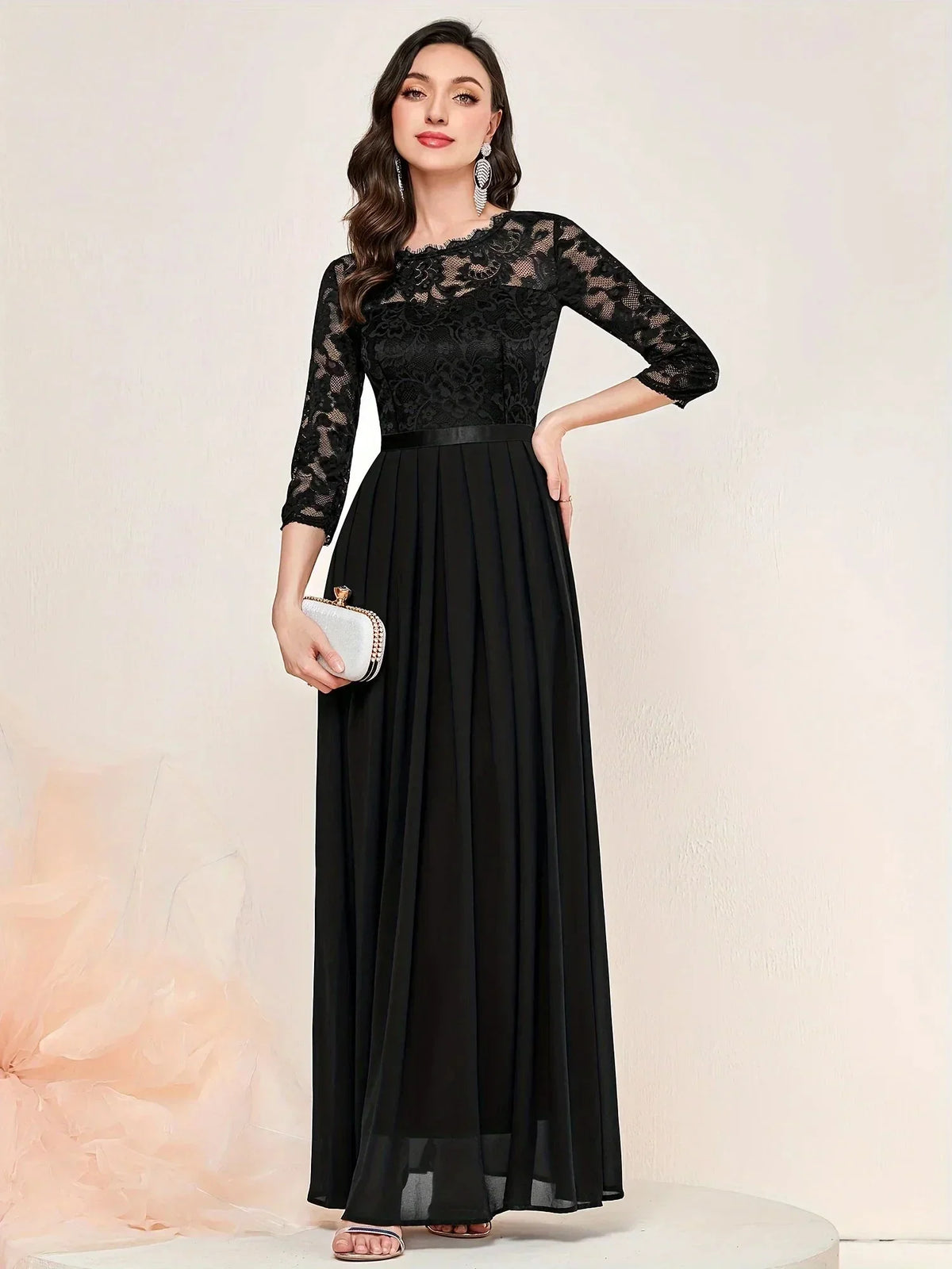 Women's lace pleated 3/4 sleeve formal maxi dresses with round neck – Black