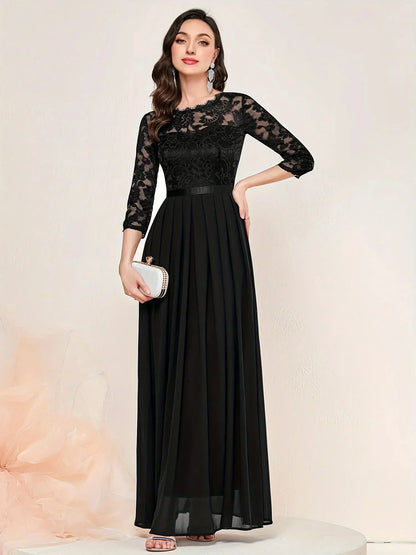 Women's lace pleated 3/4 sleeve formal maxi dresses with round neck – Black
