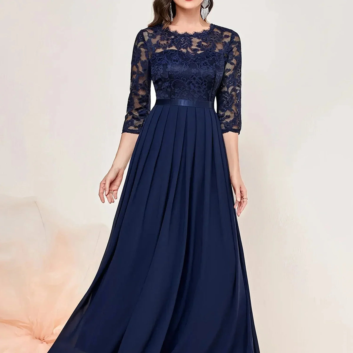 Women's lace pleated 3/4 sleeve formal maxi dresses with round neck – Blue