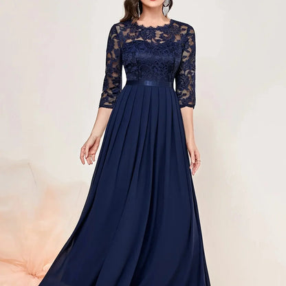 Women's lace pleated 3/4 sleeve formal maxi dresses with round neck – Blue