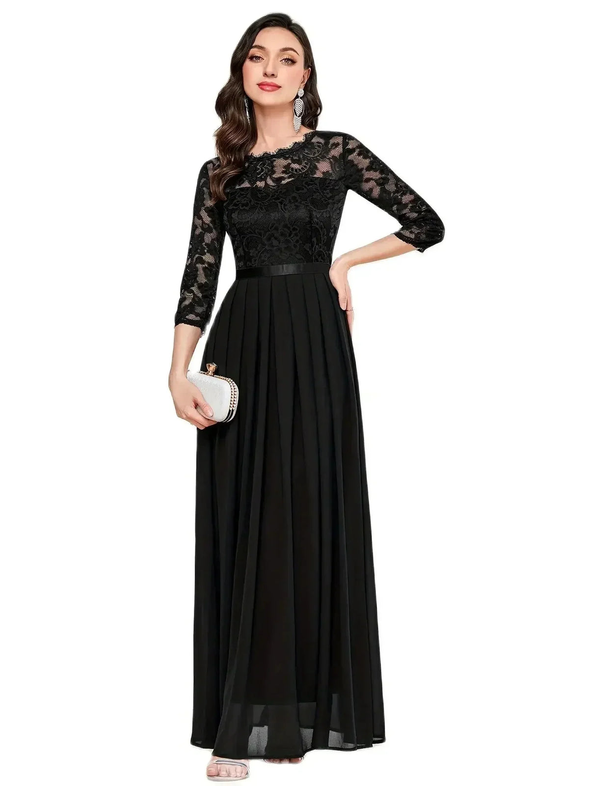 Women's lace pleated 3/4 sleeve formal maxi dresses with round neck
