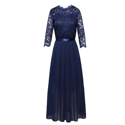 Women's lace pleated 3/4 sleeve formal maxi dresses with round neck