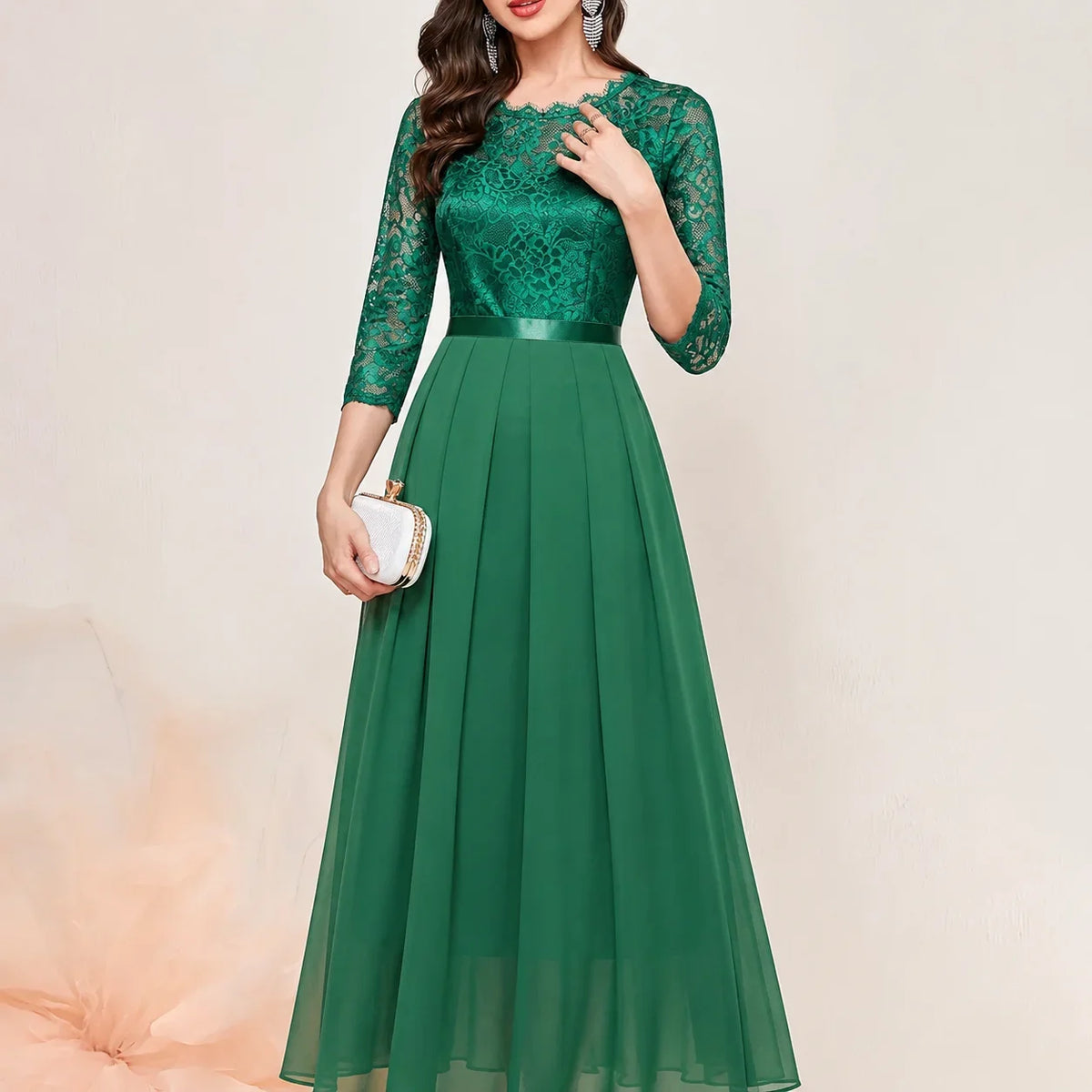 Women's lace pleated 3/4 sleeve formal maxi dresses with round neck – Green