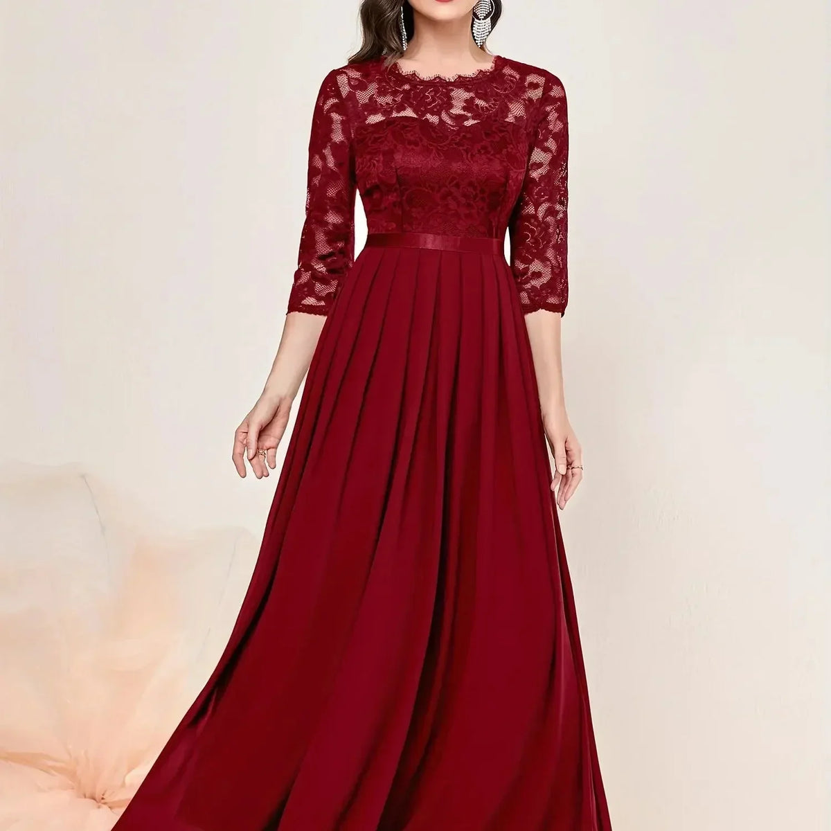 Women's lace pleated 3/4 sleeve formal maxi dresses with round neck – Red