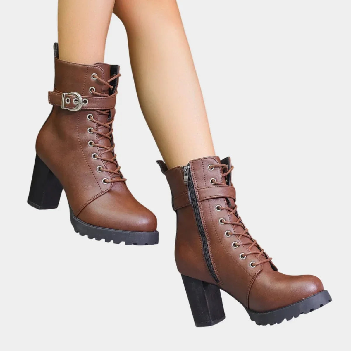 Women's lace-up block-heel combat ankle boots buckle strap