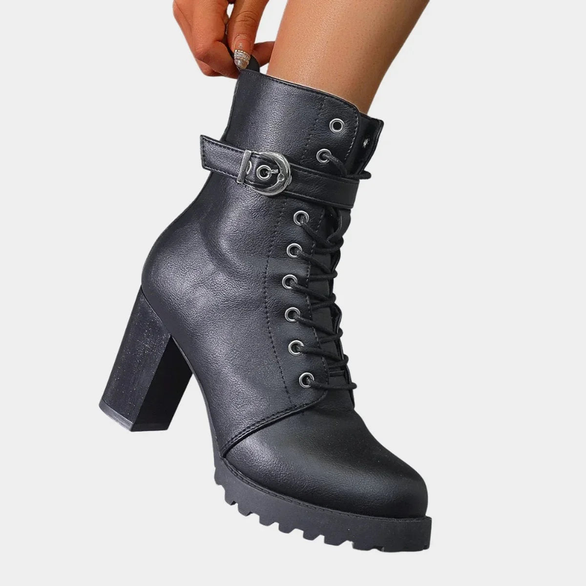 Women's lace-up block-heel combat ankle boots buckle strap