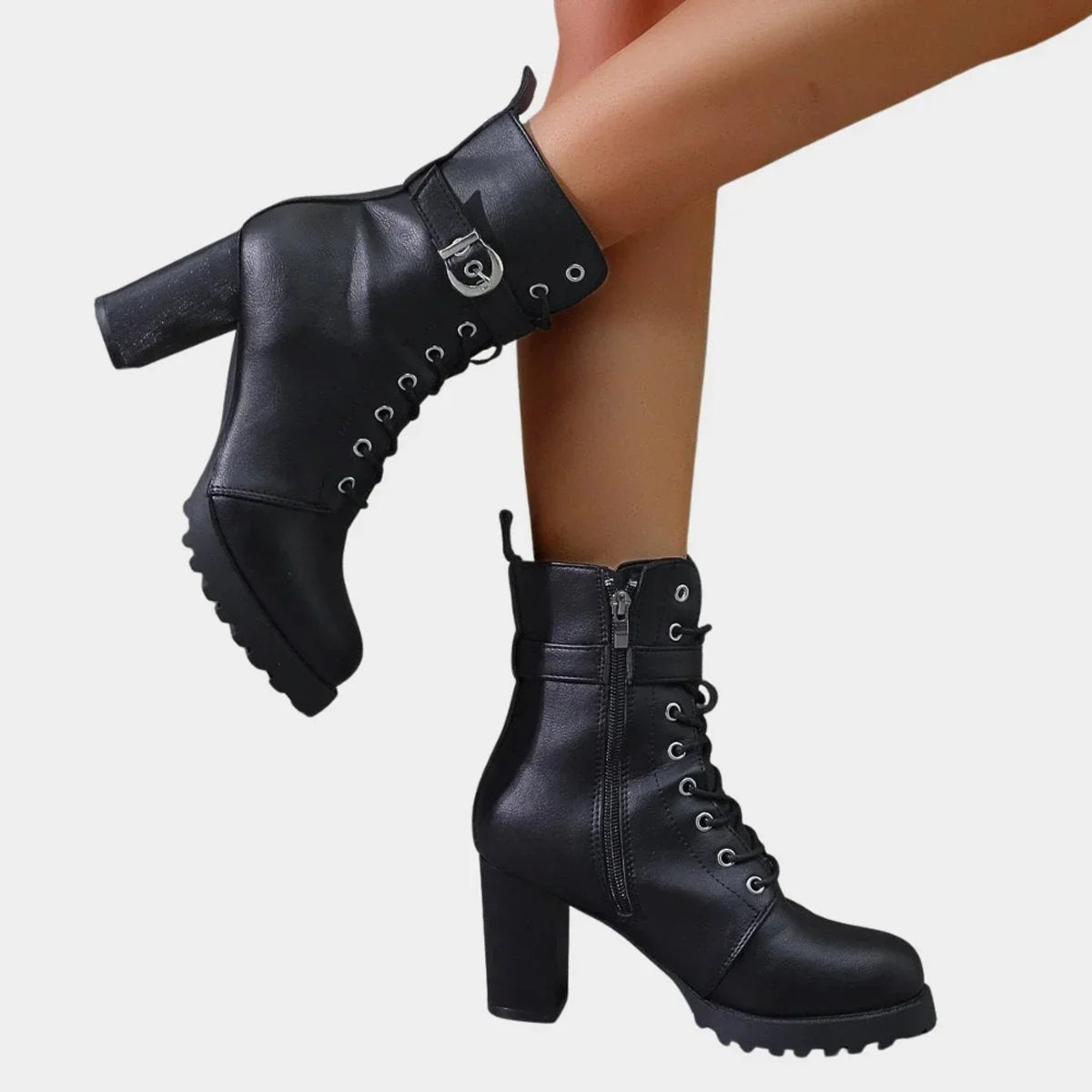 Women's lace-up block-heel combat ankle boots buckle strap
