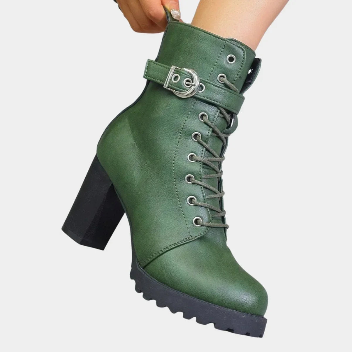 Women's lace-up block-heel combat ankle boots buckle strap
