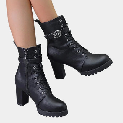Women's lace-up block-heel combat ankle boots buckle strap