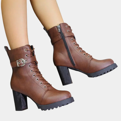 Women's lace-up block-heel combat ankle boots buckle strap