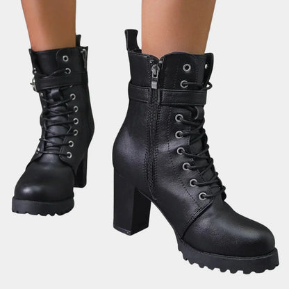Women's lace-up block-heel combat ankle boots buckle strap – Black