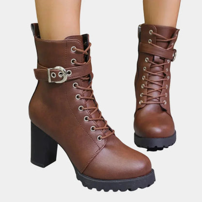 Women's lace-up block-heel combat ankle boots buckle strap – Brown