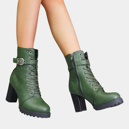 Women's lace-up block-heel combat ankle boots buckle strap