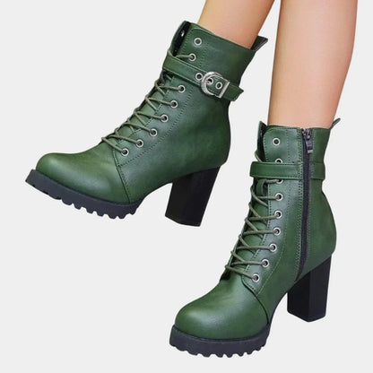 Women's lace-up block-heel combat ankle boots buckle strap – Green
