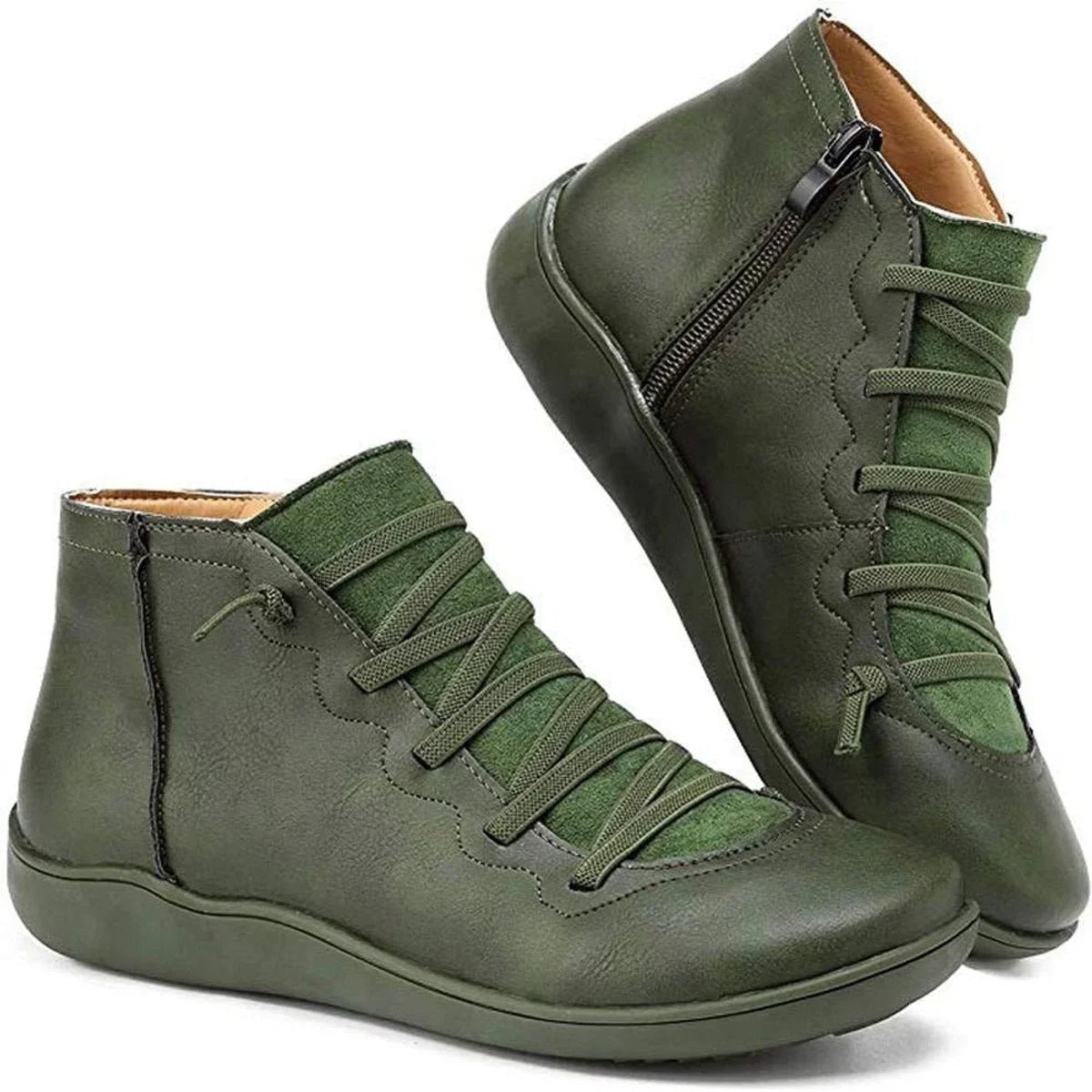Women's lace-up side-zip flat leather ankle boots