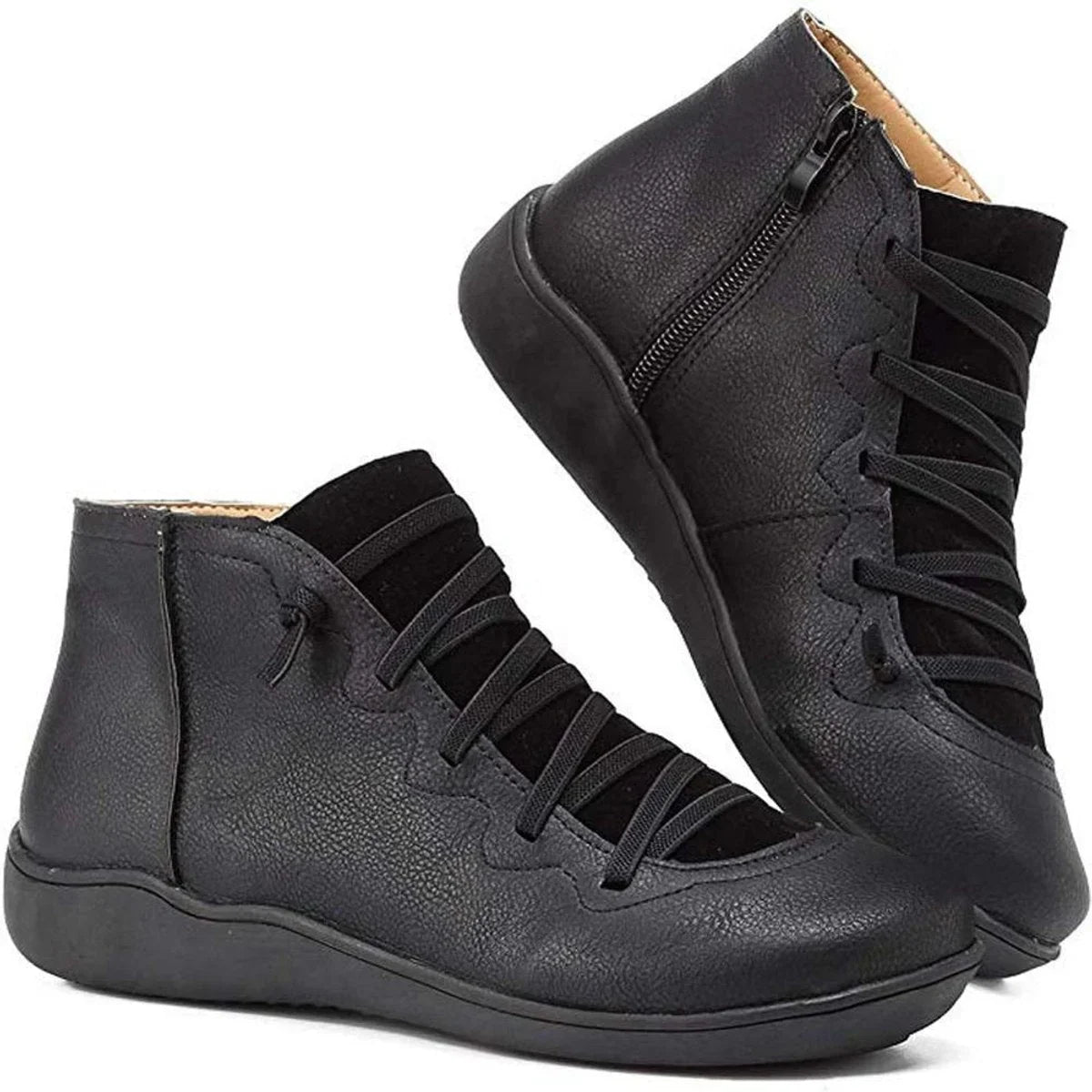 Women's lace-up side-zip flat leather ankle boots – Black