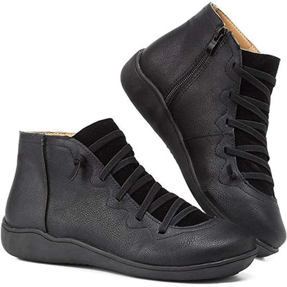 Women's lace-up side-zip flat leather ankle boots – Black