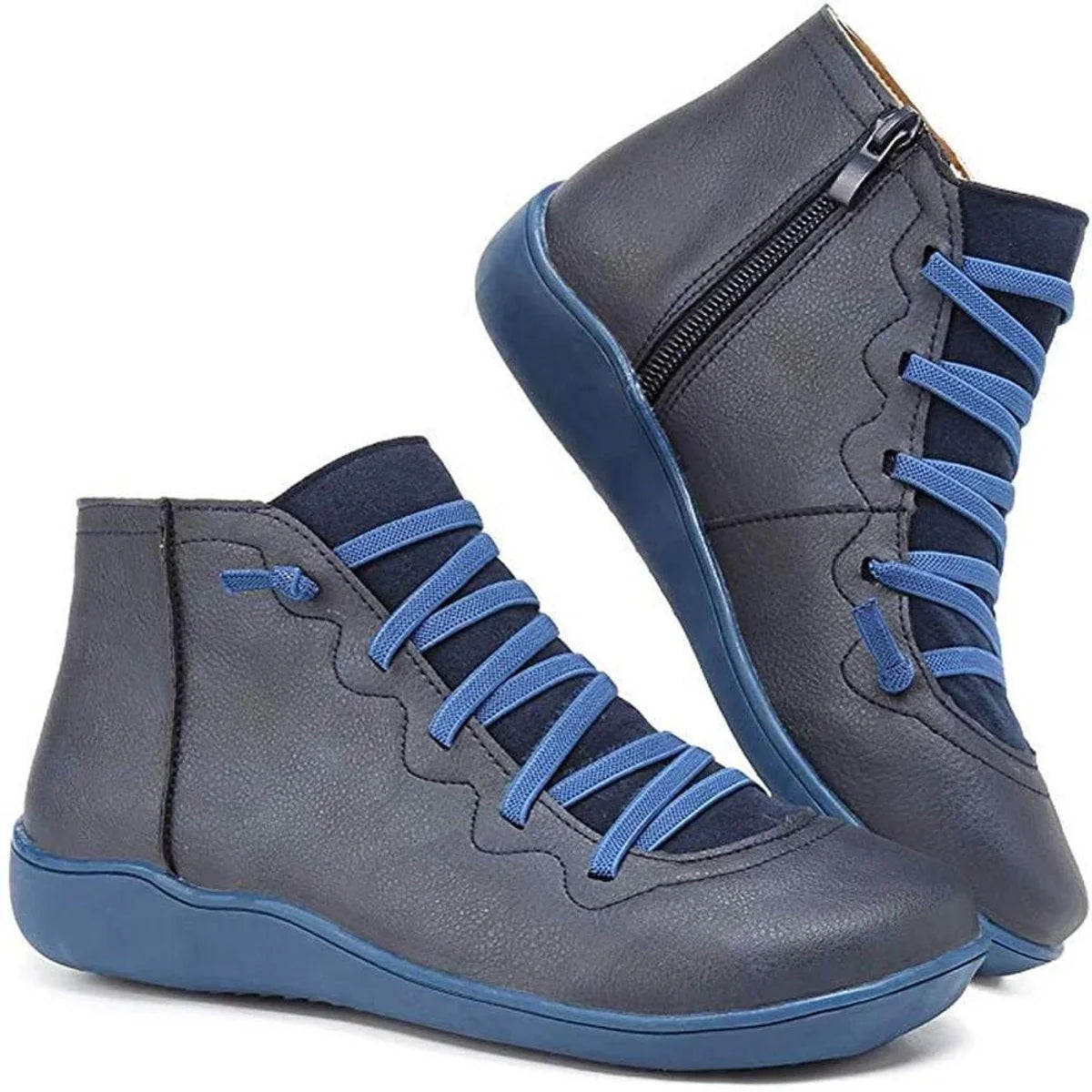 Women's lace-up side-zip flat leather ankle boots – Blue