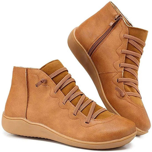 Women's lace-up side-zip flat leather ankle boots – Brown
