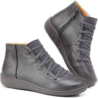 Women's lace-up side-zip flat leather ankle boots – Gray