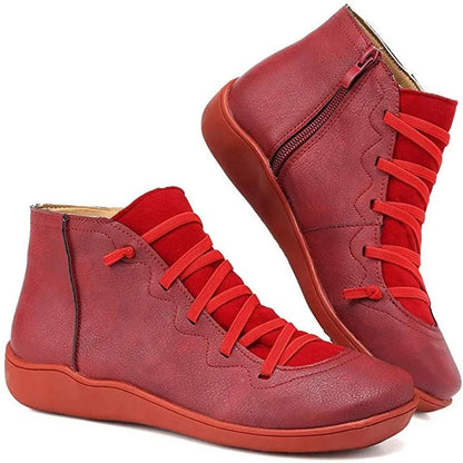 Women's lace-up side-zip flat leather ankle boots – Red