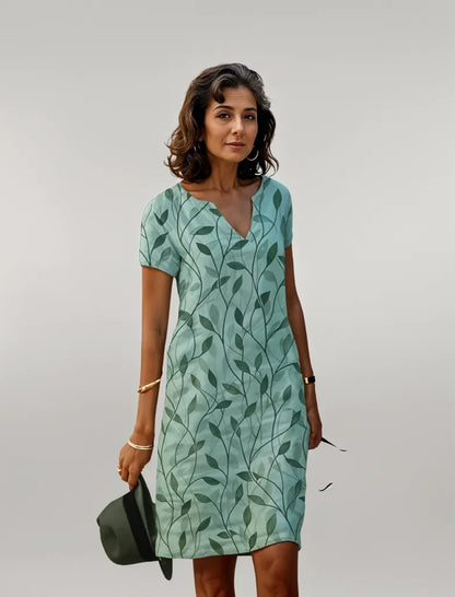 Women's leaf-print shift mini dress with V-neck and short-sleeves – Green (almost sold out)