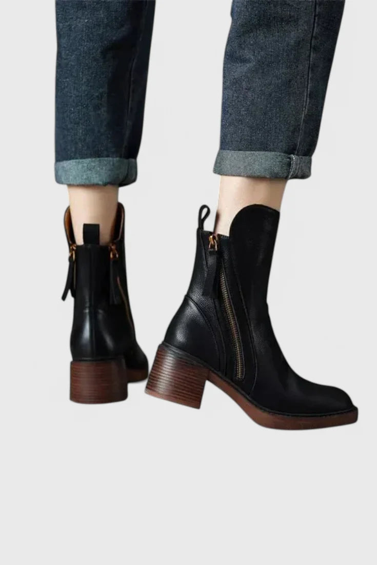 Women's leather ankle boots with functional side zipper and block heel